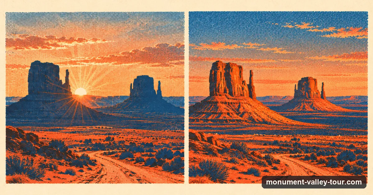 Illustration: the Mittens of Monument Valley shown at sunrise and at sunset