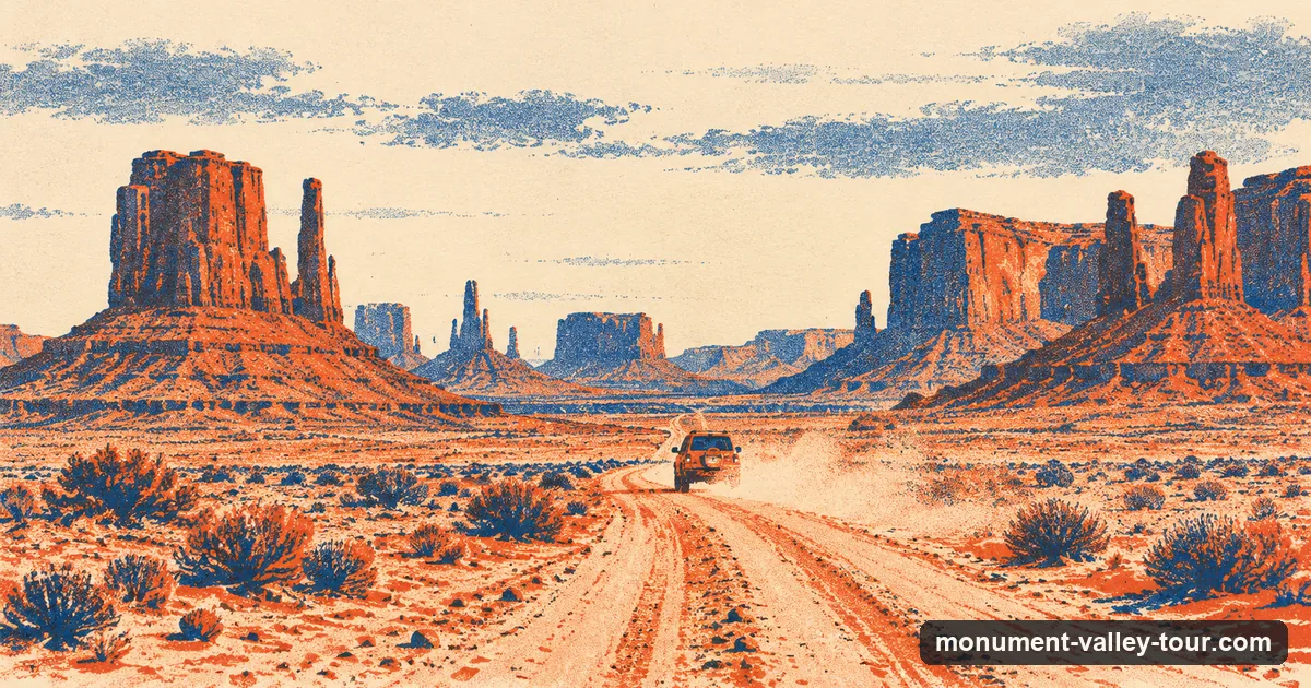 Illustration: a car on the sandy Valley Drive below the buttes of Monument Valley