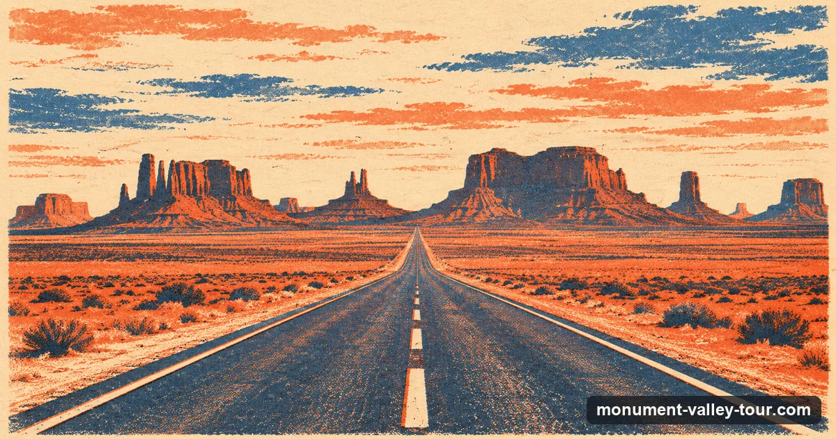 Illustration: US-163 running straight toward the buttes of Monument Valley at Forrest Gump Point