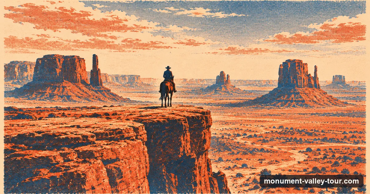 Illustration: a rider on horseback at the edge of John Ford Point above the valley floor of Monument Valley