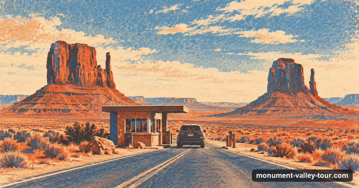 Illustration: a car waiting at the entry booth of Monument Valley Navajo Tribal Park with the Mittens behind