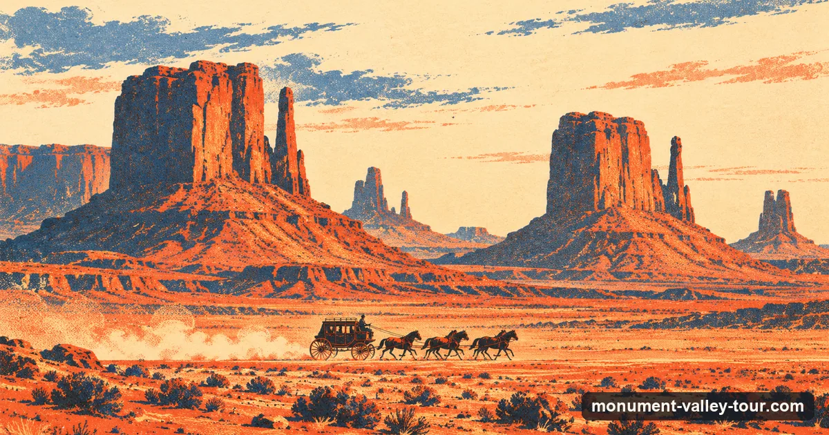Illustration: a stagecoach crossing the valley floor below the buttes of Monument Valley
