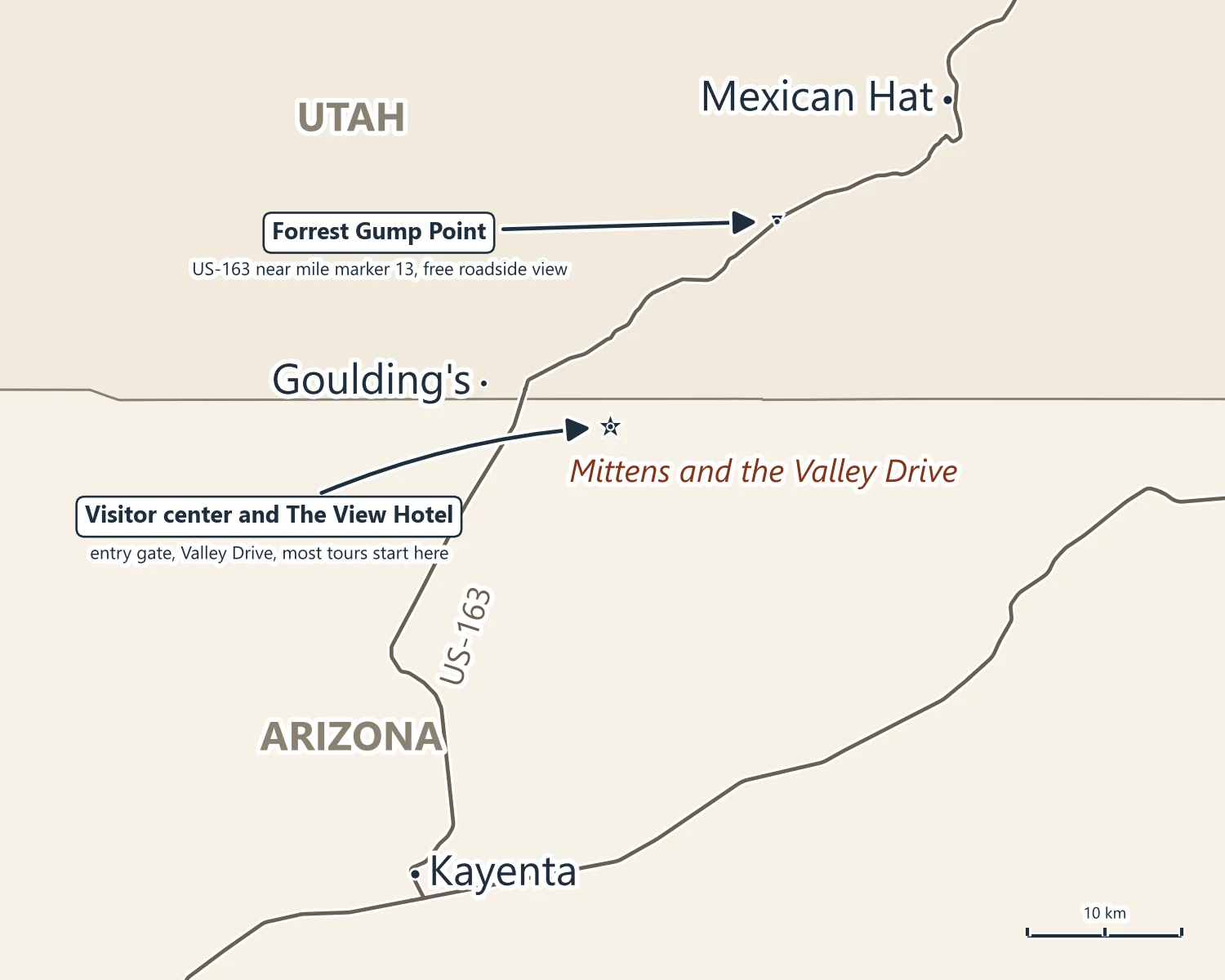 Map of Monument Valley on the Arizona-Utah line: the visitor center and The View Hotel, Goulding's, Kayenta, Mexican Hat and Forrest Gump Point on US-163